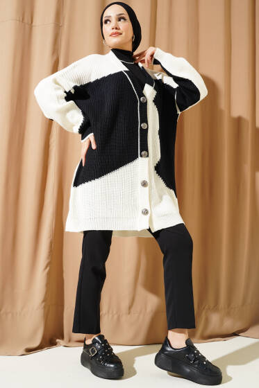 Çift Renkli Salaş Triko Hırka Ekru Siyah - Hırka