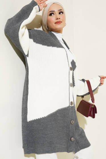 Çift Renkli Salaş Triko Hırka Füme Ekru - Hırka