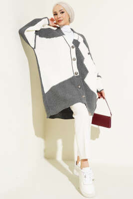 Çift Renkli Salaş Triko Hırka Füme Ekru - Triko Hırka