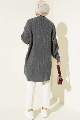 Çift Renkli Salaş Triko Hırka Füme Ekru - Triko Hırka