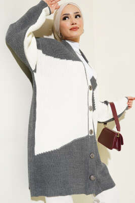 Çift Renkli Salaş Triko Hırka Füme Ekru 