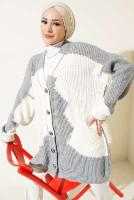 Çift Renkli Salaş Triko Hırka Gri Ekru - RAFİMİX