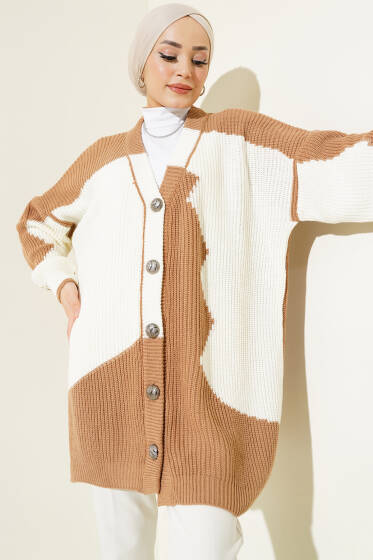 Çift Renkli Salaş Triko Hırka Latte Ekru - Hırka