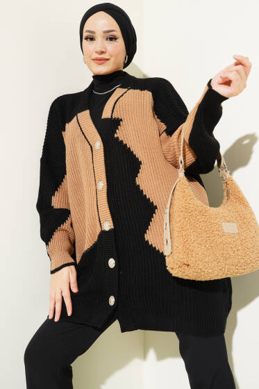 Çift Renkli Salaş Triko Hırka Siyah Latte - Hırka