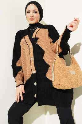 Çift Renkli Salaş Triko Hırka Siyah Latte 