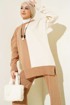 Çift Renkli Triko İkili Takım Bej Latte - Triko İkili Takım