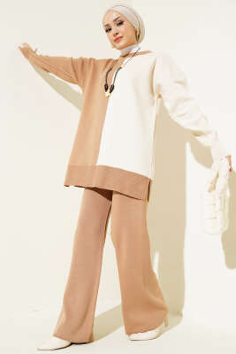 Çift Renkli Triko İkili Takım Bej Latte 