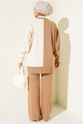 Çift Renkli Triko İkili Takım Bej Latte - Triko İkili Takım