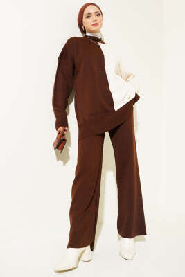 Çift Renkli Triko İkili Takım Kahve 