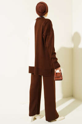 Çift Renkli Triko İkili Takım Kahve - Triko İkili Takım