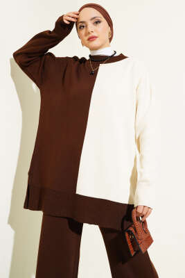 Çift Renkli Triko İkili Takım Kahve - Triko İkili Takım