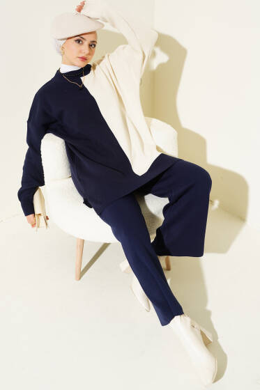 Çift Renkli Triko İkili Takım Lacivert - İkili Takım