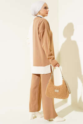 Çift Renkli Triko İkili Takım Latte - Triko İkili Takım