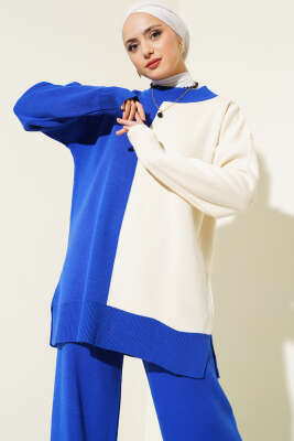 Çift Renkli Triko İkili Takım Saks - Triko İkili Takım