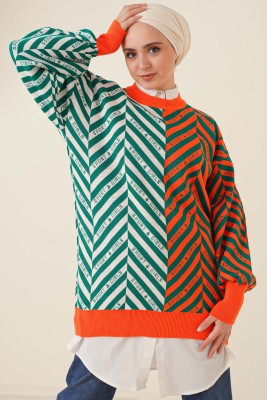 Çift Renkli Triko Tunik Oranj - Thumbnail