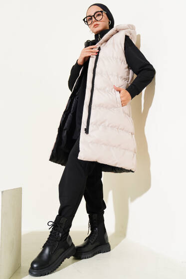 Çift Taraflı Fermuarlı Şişme Yelek Siyah Bej - Yelek