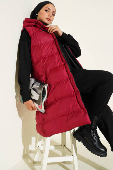 Çift Taraflı Fermuarlı Şişme Yelek Siyah Bordo - Yelek