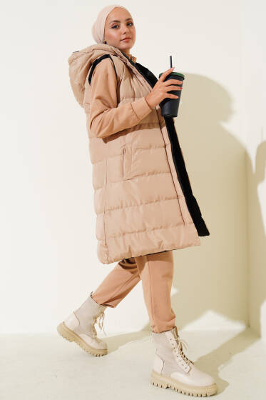 Çift Taraflı Fermuarlı Şişme Yelek Siyah Camel - Yelek