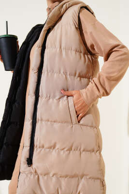 Çift Taraflı Fermuarlı Şişme Yelek Siyah Camel - Yelek