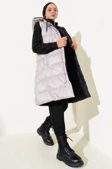 Çift Taraflı Fermuarlı Şişme Yelek Siyah Gri - Yelek