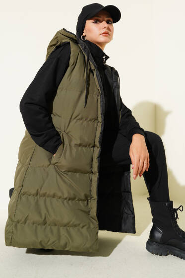 Çift Taraflı Fermuarlı Şişme Yelek Siyah Haki - Yelek