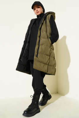 Çift Taraflı Fermuarlı Şişme Yelek Siyah Haki - Yelek