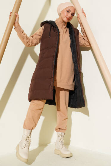 Çift Taraflı Fermuarlı Şişme Yelek Siyah Kahve - Yelek