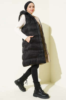 Çift Taraflı Fermuarlı Şişme Yelek Siyah Taş - Yelek