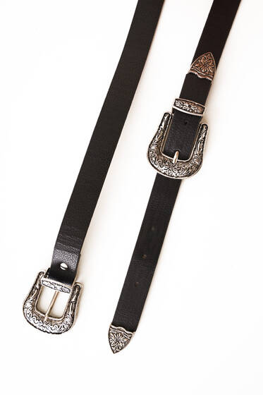 Çift Tokalı Desenli Kemer Siyah - Deri Kemer