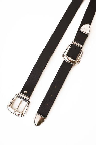 Çift Tokalı Kemer Siyah - Deri Kemer