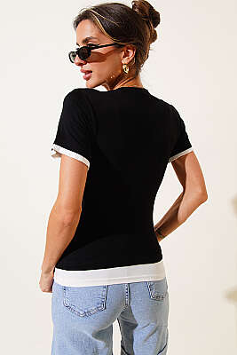 Çift Yaka Görünümlü T-shirt Siyah - Kadın Giyim Modelleri