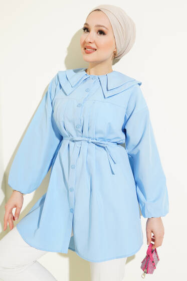 Çift Yaka İp Kuşaklı Gömlek Bebe Mavi - Gömlek