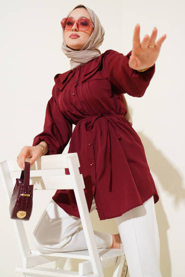 Çift Yaka İp Kuşaklı Gömlek Bordo - Gömlek