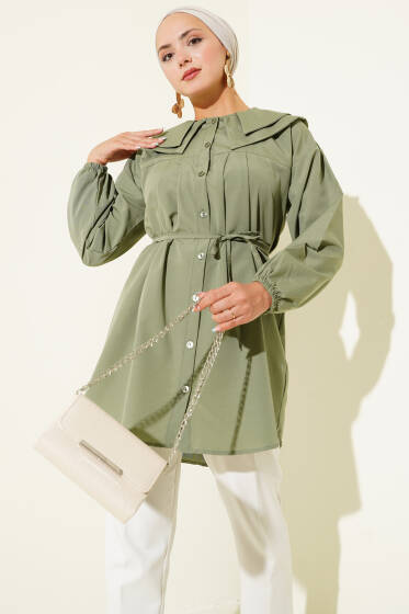 Çift Yaka İp Kuşaklı Gömlek Çağla Yeşili - Yılın Fırsatı