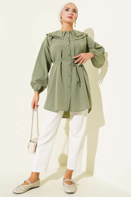 Çift Yaka İp Kuşaklı Gömlek Çağla Yeşili - Yılın Fırsatı