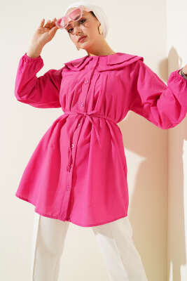 Çift Yaka İp Kuşaklı Gömlek Fuşya - ASMİN