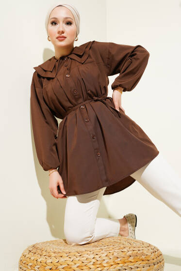 Çift Yaka İp Kuşaklı Gömlek Kahve - Gömlek