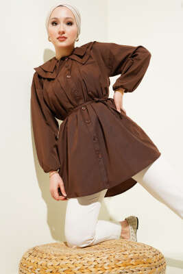 Çift Yaka İp Kuşaklı Gömlek Kahve - ASMİN