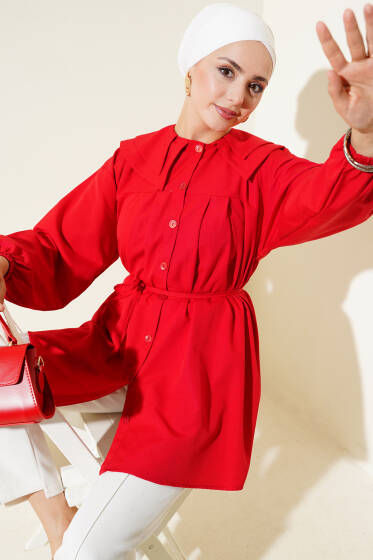 Çift Yaka İp Kuşaklı Gömlek Kırmızı - Yılın Fırsatı
