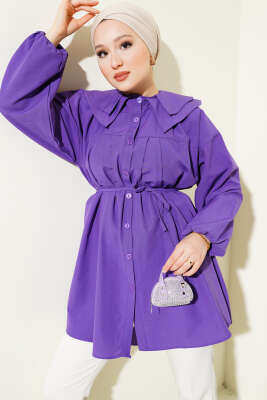 Çift Yaka İp Kuşaklı Gömlek Mor - ASMİN