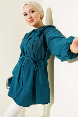 Çift Yaka İp Kuşaklı Gömlek Petrol - ASMİN