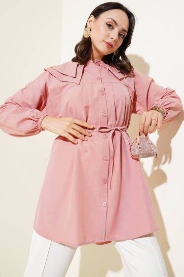 Çift Yaka İp Kuşaklı Gömlek Pudra - Yılın Fırsatı