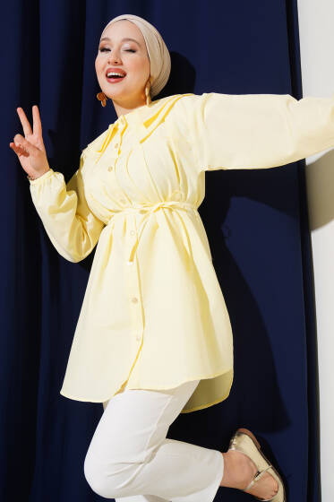 Çift Yaka İp Kuşaklı Gömlek Sarı - Gömlek