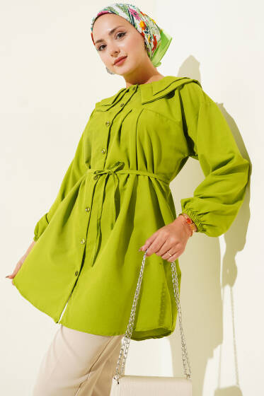 Çift Yaka İp Kuşaklı Gömlek Yeşil - Gömlek