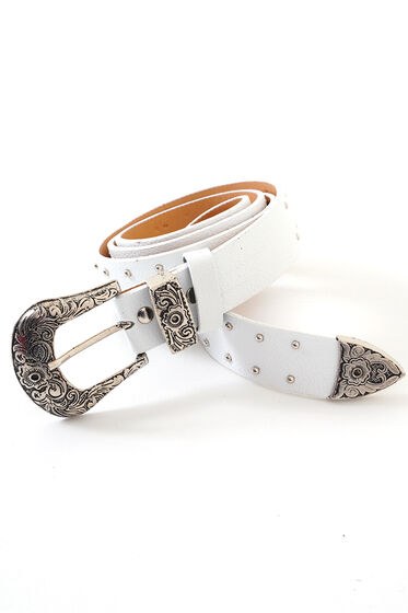 Çift Zımbalı Beyaz Kemer - Deri Kemer
