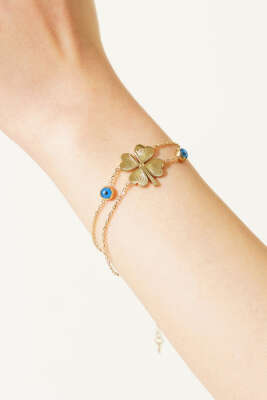 Çift Zincirli Yonca ve Nazar Boncuğu Detaylı Bileklik Gold - DEMİR BİJUTERİ