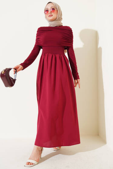 Çıkarılabilir Büzgü Detaylı Garnili Elbise Bordo - Elbise