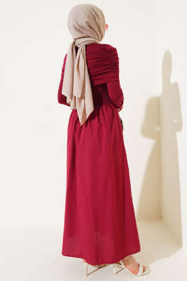 Çıkarılabilir Büzgü Detaylı Garnili Elbise Bordo - Tesettür Elbise