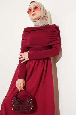 Çıkarılabilir Büzgü Detaylı Garnili Elbise Bordo - Tesettür Elbise