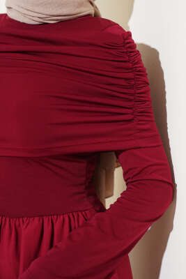 Çıkarılabilir Büzgü Detaylı Garnili Elbise Bordo - Tesettür Elbise